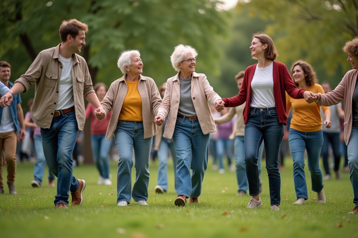 Groupe divers de personnes dansant dans un parc urbain