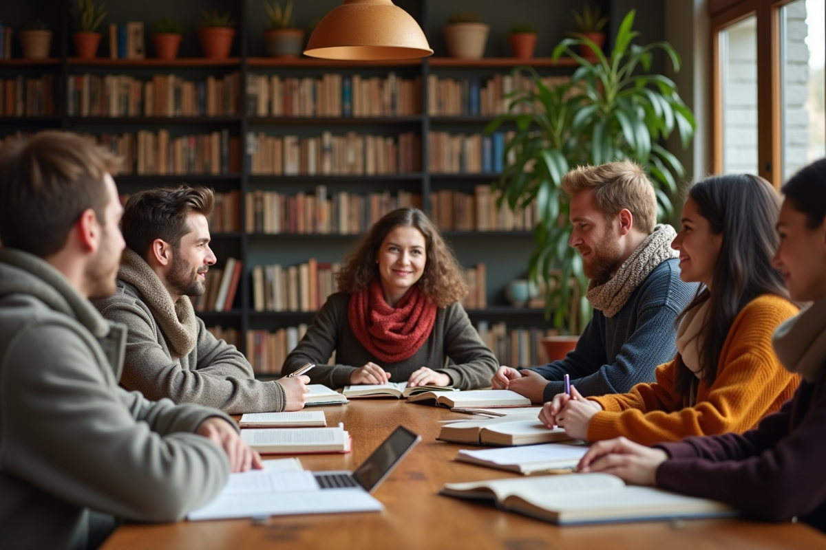 Groupe diversifié de personnes lisant dans une bibliothèque chaleureuse