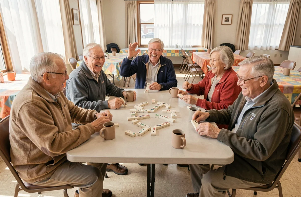 Groupe de six seniors animés autour d'une partie de dominos dans une salle lumineuse de centre de jour, ambiance conviviale et joyeuse