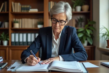Femme d'âge mûr révisant des documents administratifs pour une habilitation familiale à son bureau à domicile
