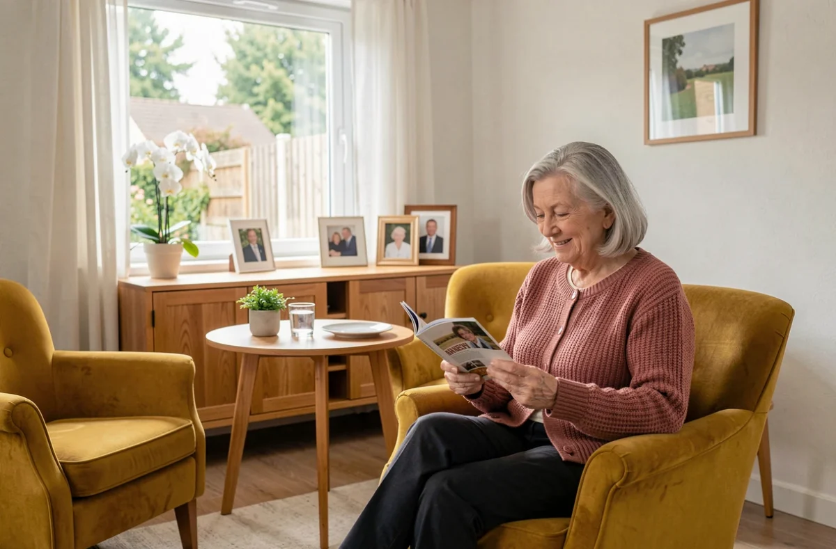 Salon personnalisé et chaleureux d'un appartement à HAPPY SENIOR Lefèvre à Livry-Gargan avec une résidente lisant