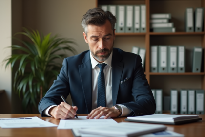 Homme d affaires en costume navy lisant des documents