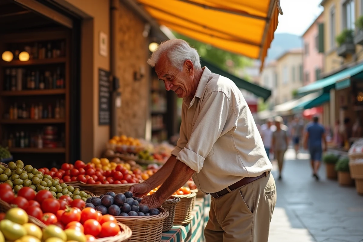 Un homme très âgé choisit des fruits et légumes frais sur un marché méditerranéen, symbole du régime alimentaire des personnes longevives