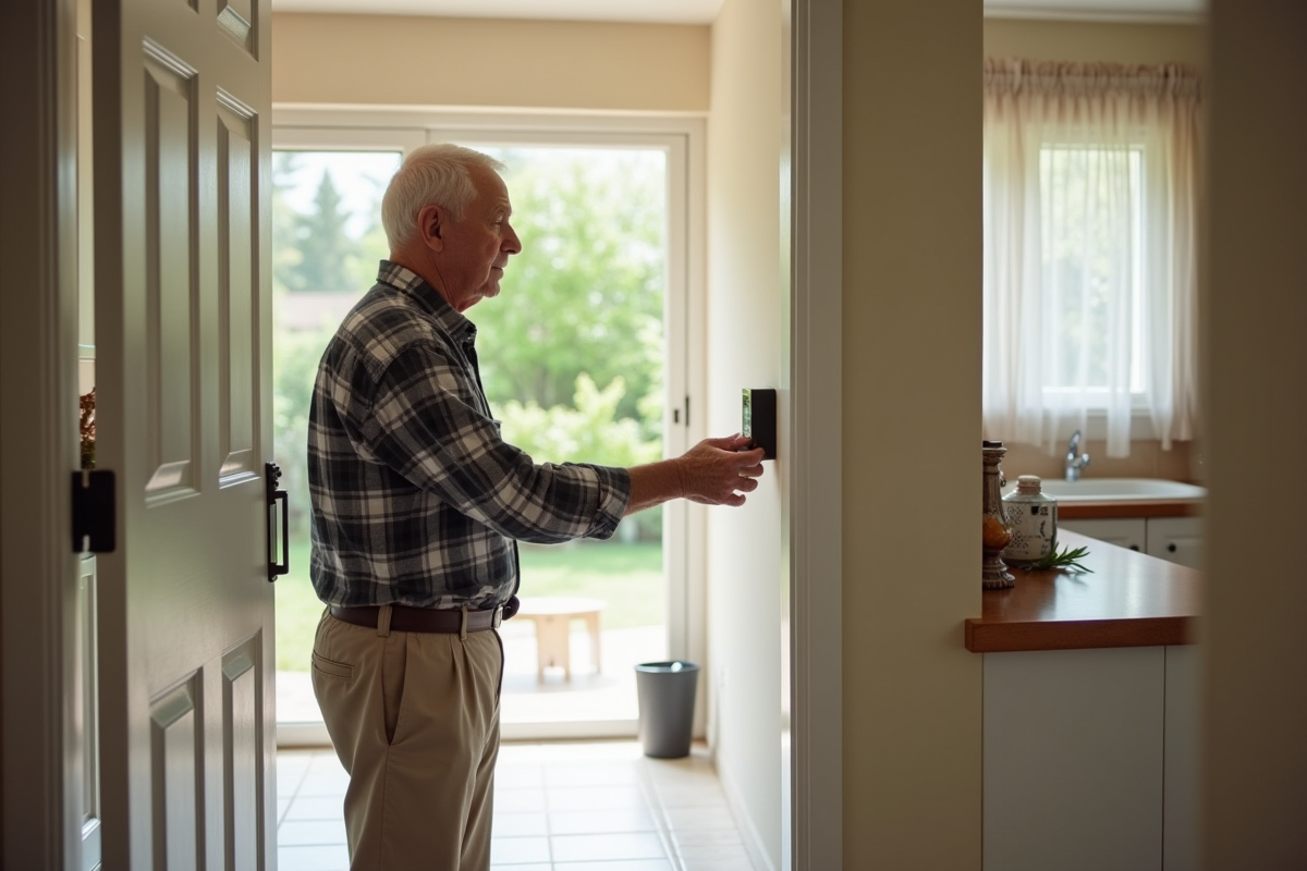 Homme âgé appuyant sur une alarme dans la cuisine