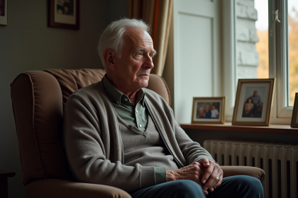 Homme agee pensif assis près d'une fenêtre dans un salon