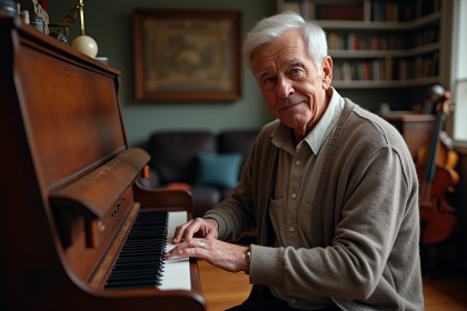 Homme âgé au piano dans un salon chaleureux
