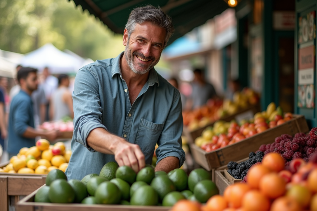 Homme souriant choisissant des fruits au marché en plein air