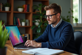Homme d'âge moyen travaillant sur un ordinateur portable Linux dans un bureau chaleureux