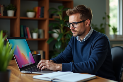 Homme d'âge moyen travaillant sur un ordinateur portable Linux dans un bureau chaleureux
