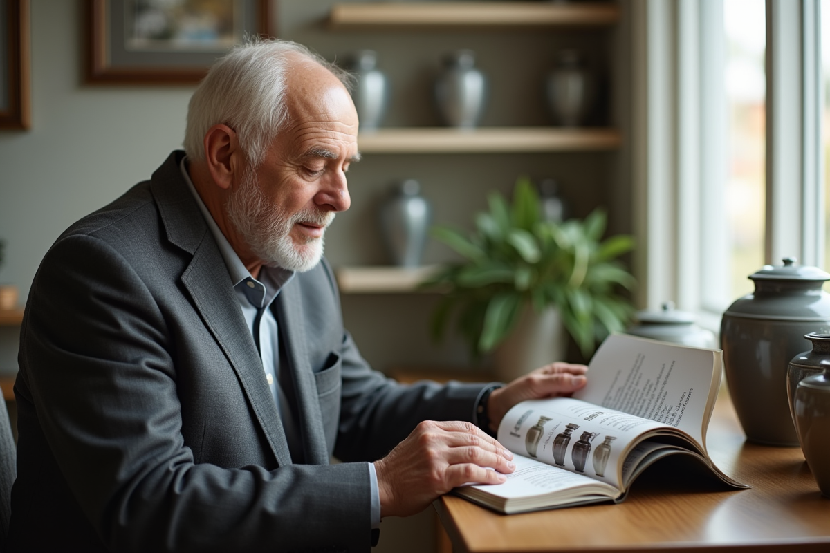 Homme âgé examinant un catalogue d