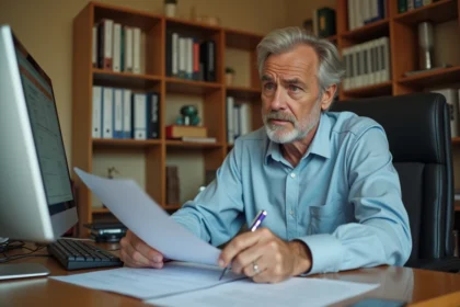 Un homme d'une cinquantaine d'années examine ses relevés de carrière et documents de retraite à son bureau à domicile, illustrant le calcul des trimestres cotisés et assimilés pour la retraite