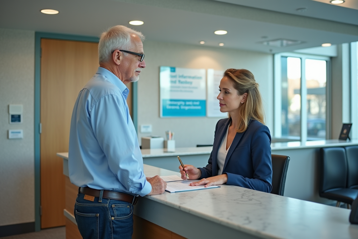 Homme de 60 ans consulte une agente dans un hall moderne