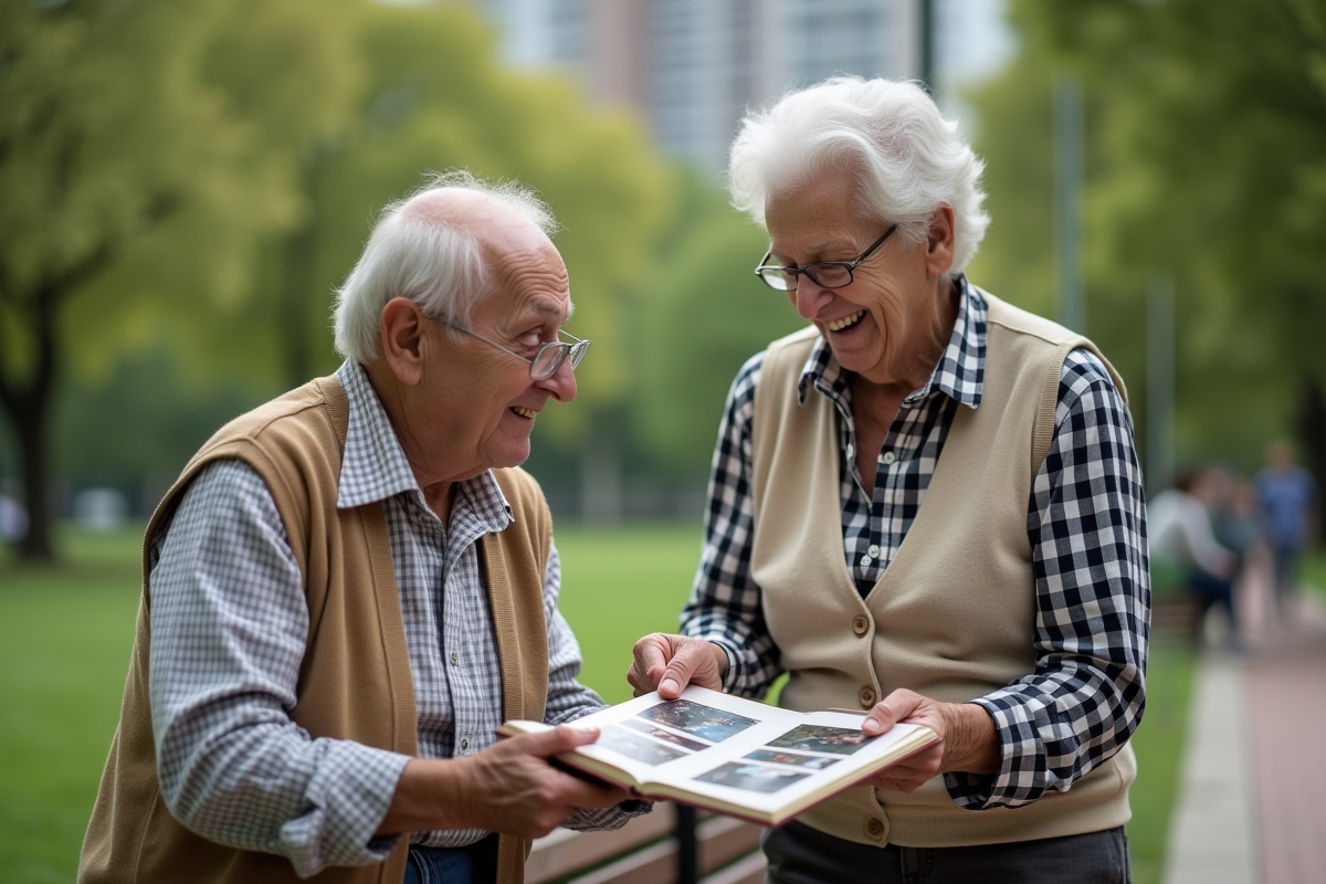 Homme âgé partageant un album photo dans un parc