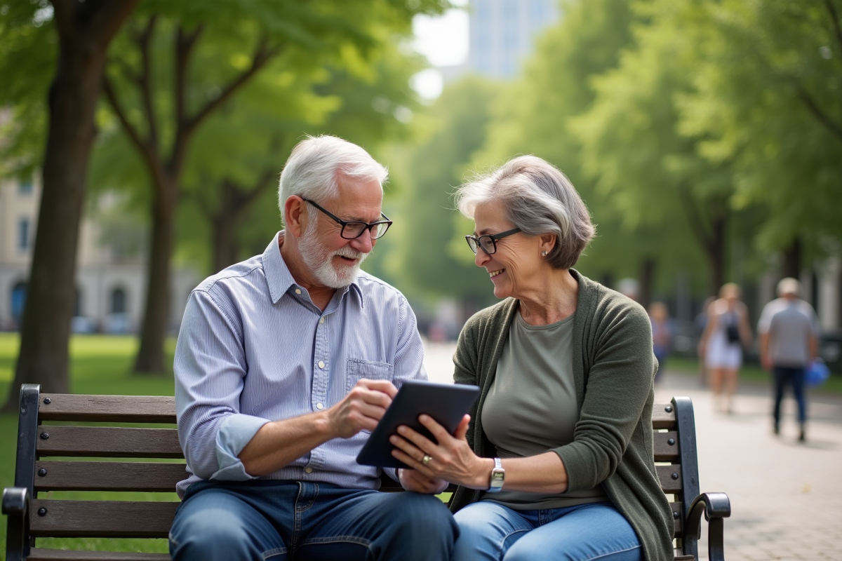 Homme âgé montrant sa tablette Android à une femme dans un parc