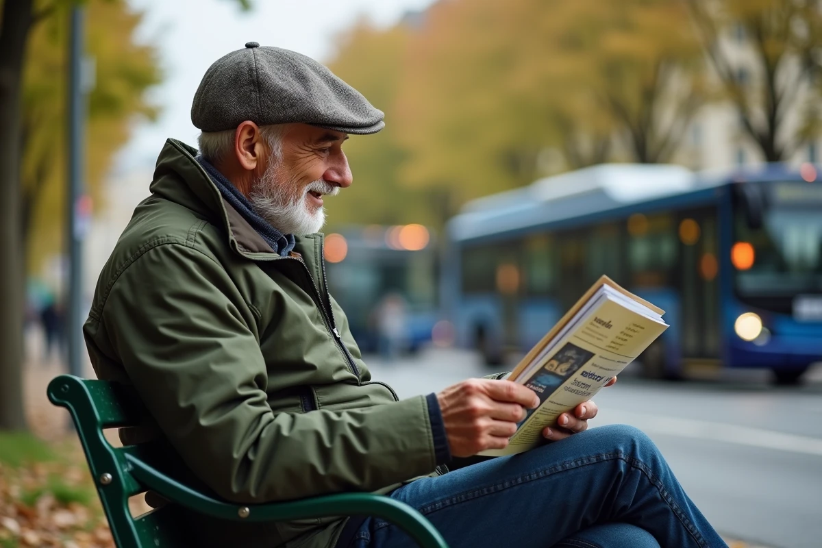 Homme senior lisant une brochure dans un parc