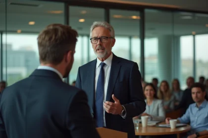 Manager en costume navy donnant un discours d'adieu