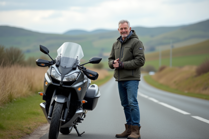 Homme souriant ajustant ses gants à côté d'une moto de tourisme