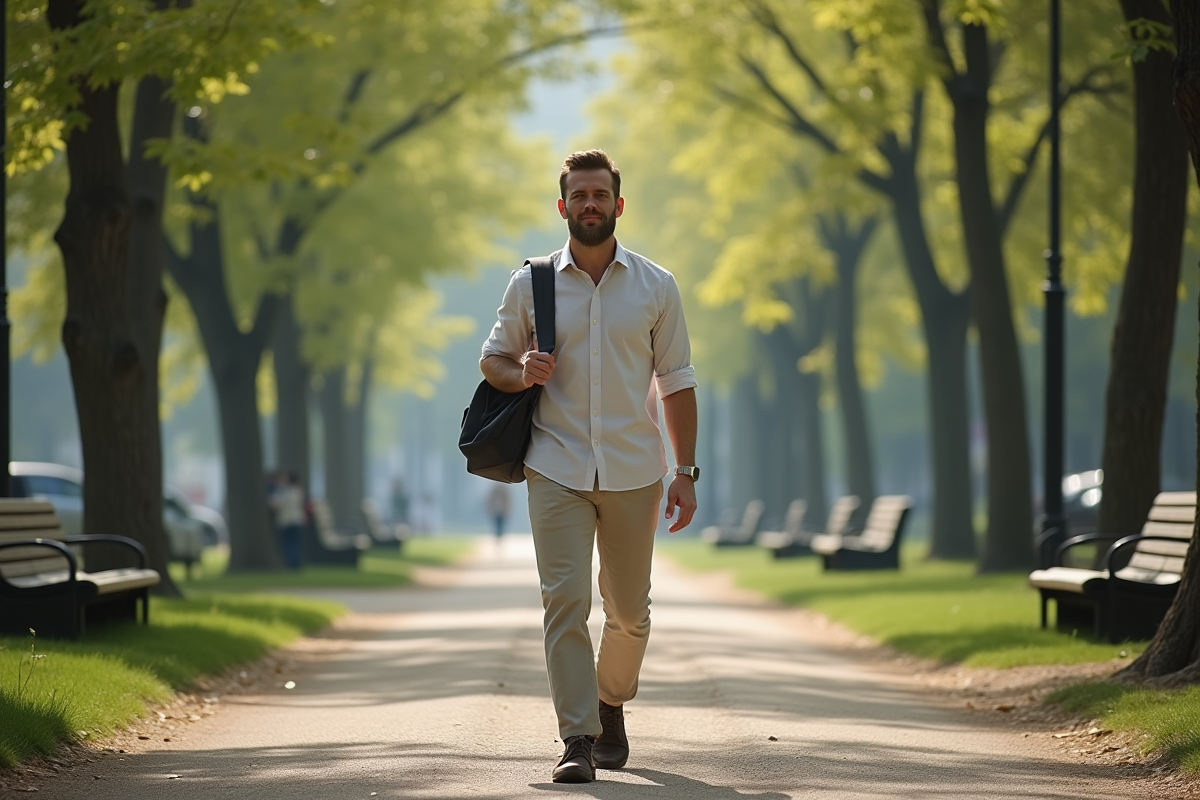 Homme marchant dans un parc urbain au printemps