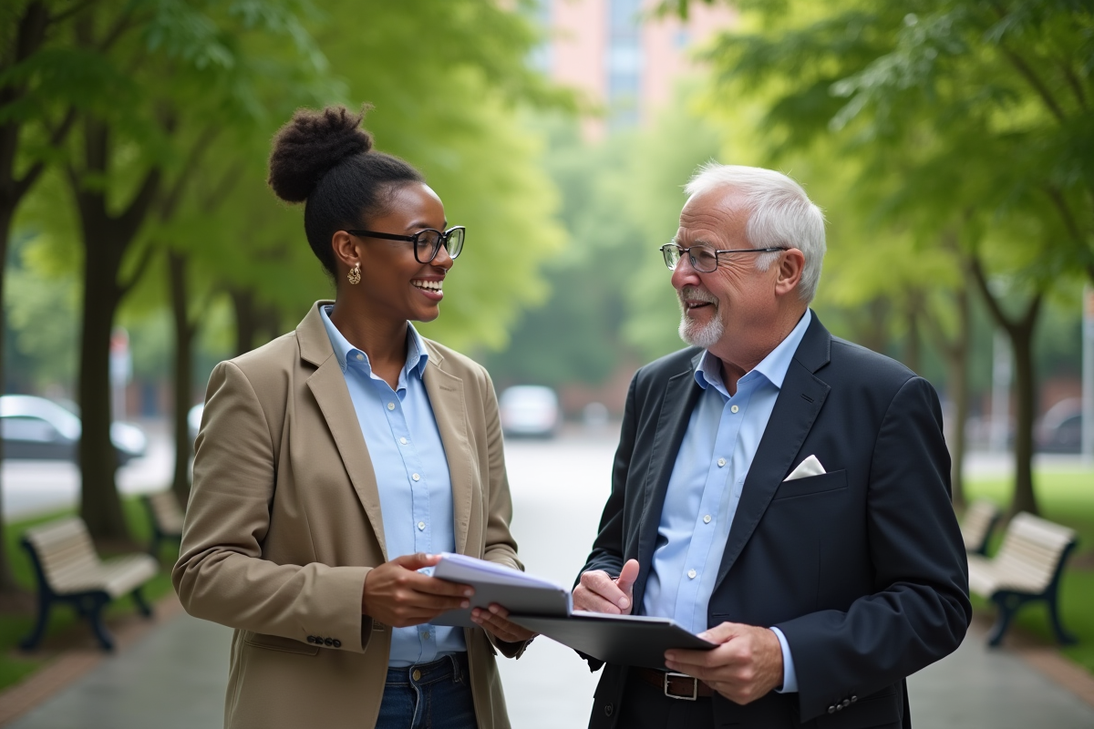 Homme d age moyen discutant avec un conseiller dans un parc urbain