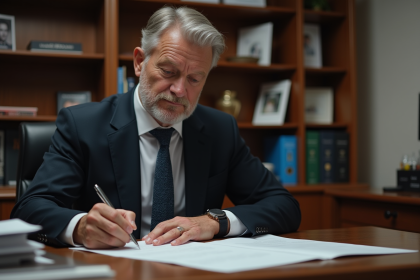 Homme d'âge moyen remplissant documents funéraires