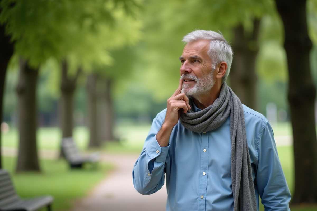 Homme âgé marchant dans un parc verdoyant en réfléchissant