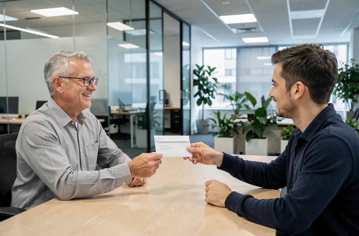 Homme cadre remettant sa lettre de départ à la retraite à son responsable RH dans un bureau moderne