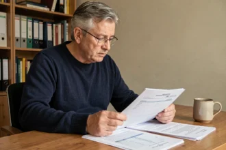 Homme retraité examinant des documents de calcul de retraite invalidité catégorie 1 à son bureau à domicile
