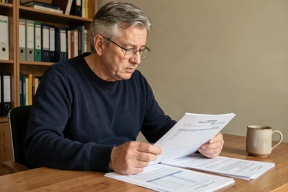 Homme retraité examinant des documents de calcul de retraite invalidité catégorie 1 à son bureau à domicile