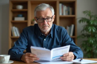 Homme retraité de 62 ans consultant ses documents de retraite à la maison, calcul des 172 trimestres