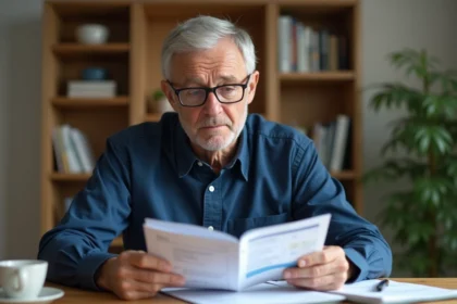 Homme retraité de 62 ans consultant ses documents de retraite à la maison, calcul des 172 trimestres