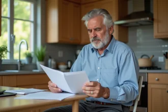 Homme de 60 ans lisant des documents de retraite à la maison