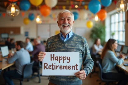 Homme retraité souriant avec carte de retraite dans un bureau