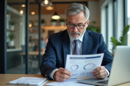 Homme en costume bleu examine un graphique de pension