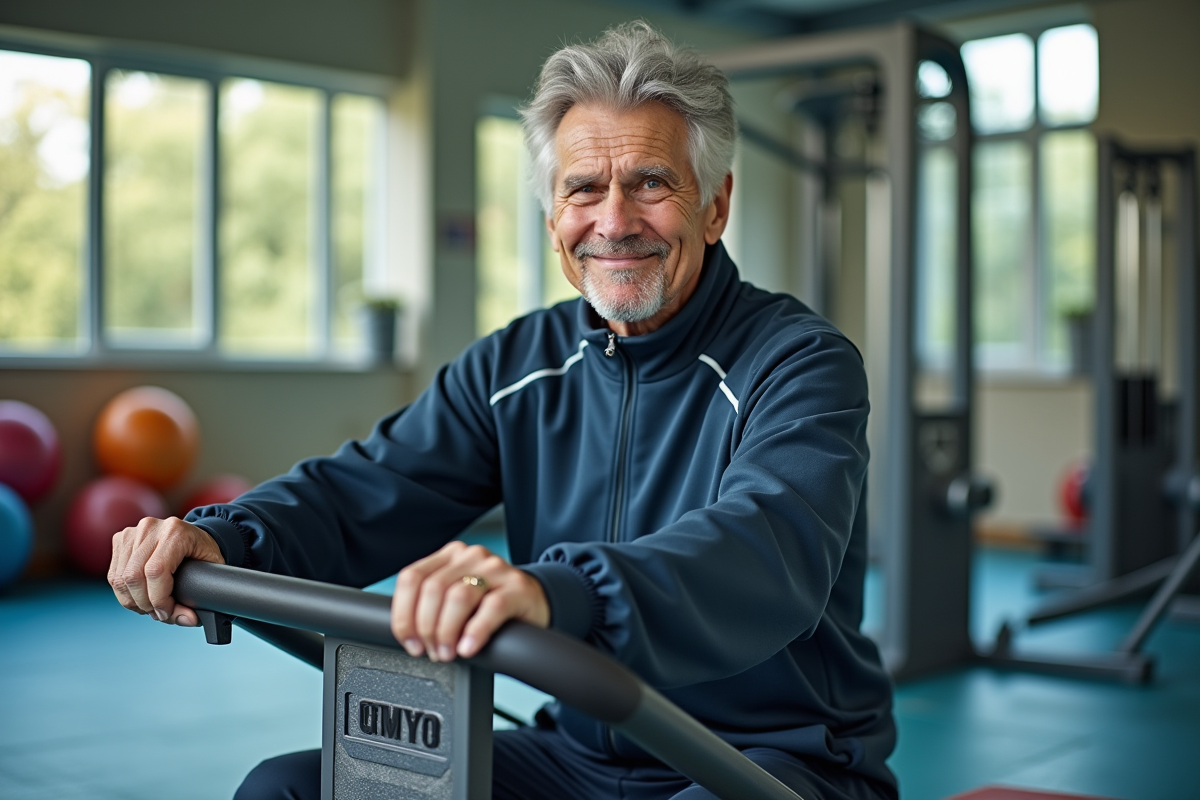 Homme âgé assis sur un appareil de musculation dans un gym lumineux