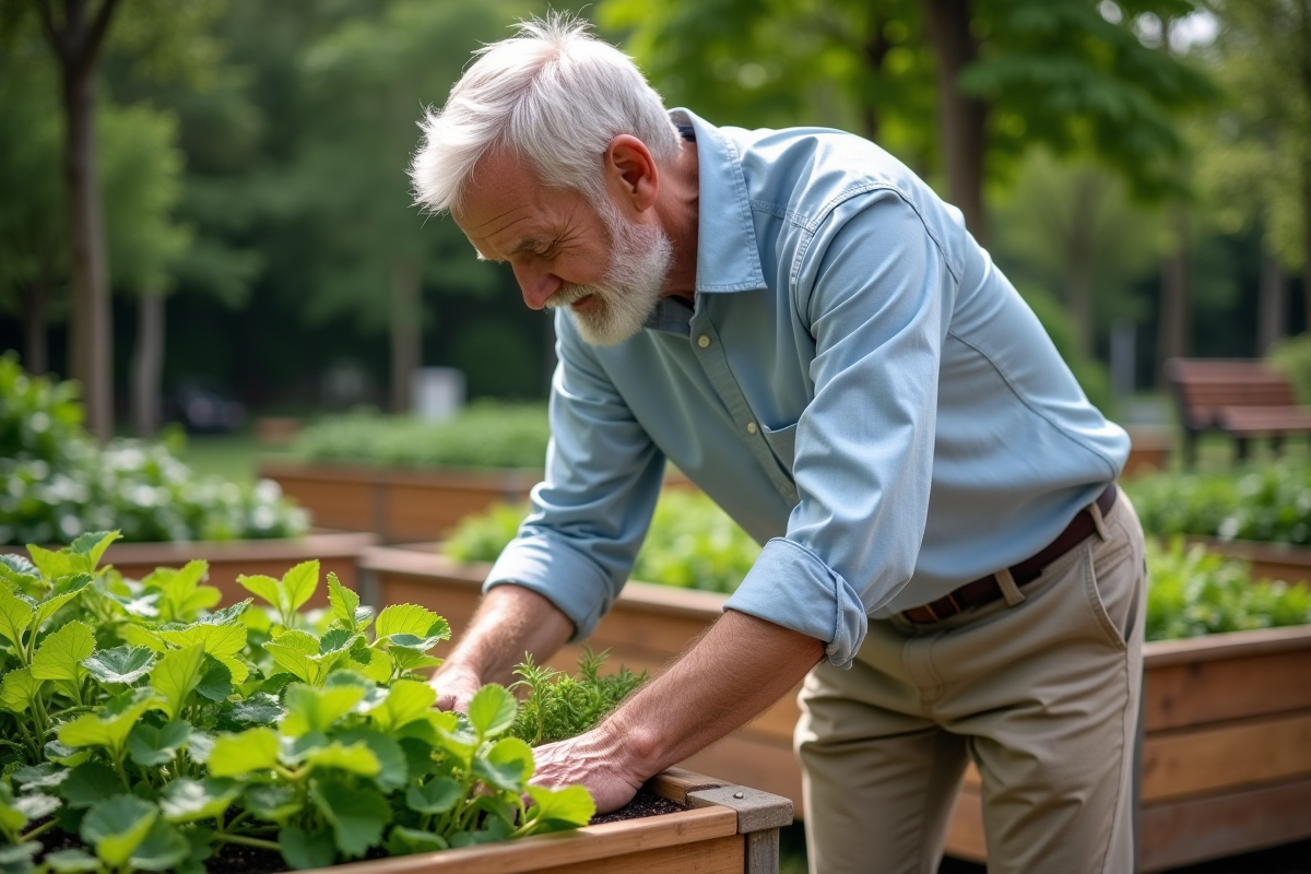 Homme senior cultivant un jardin communautaire en plein air