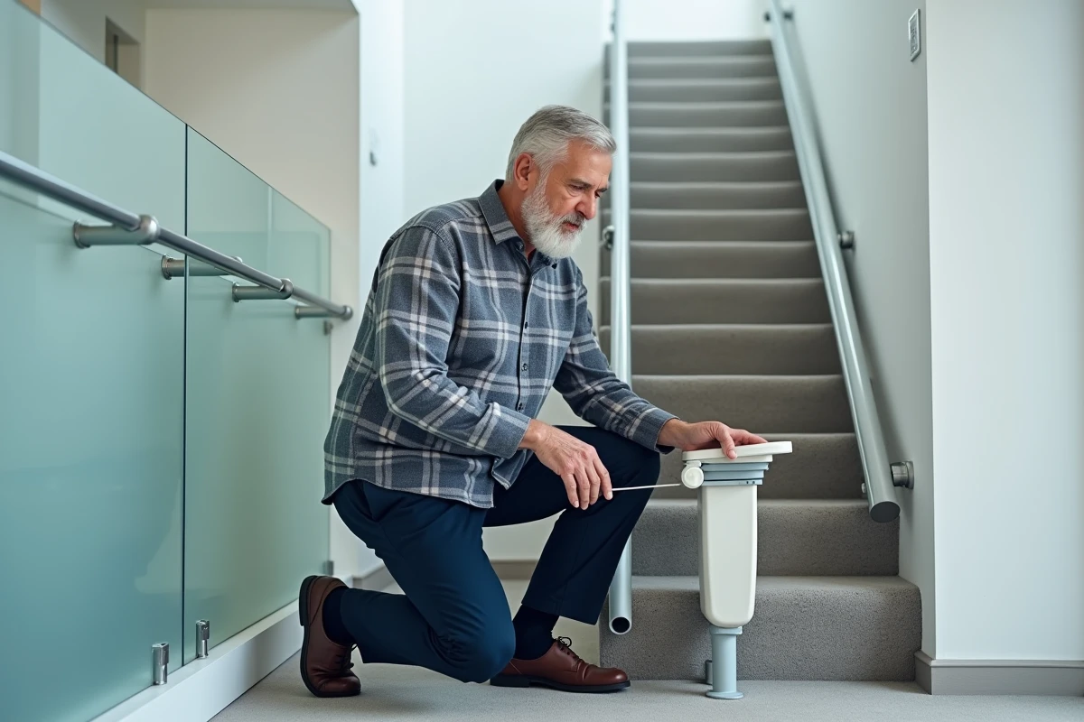 Homme senior examinant le mécanisme d'un monte-escalier amovible sur un escalier droit dans un appartement moderne