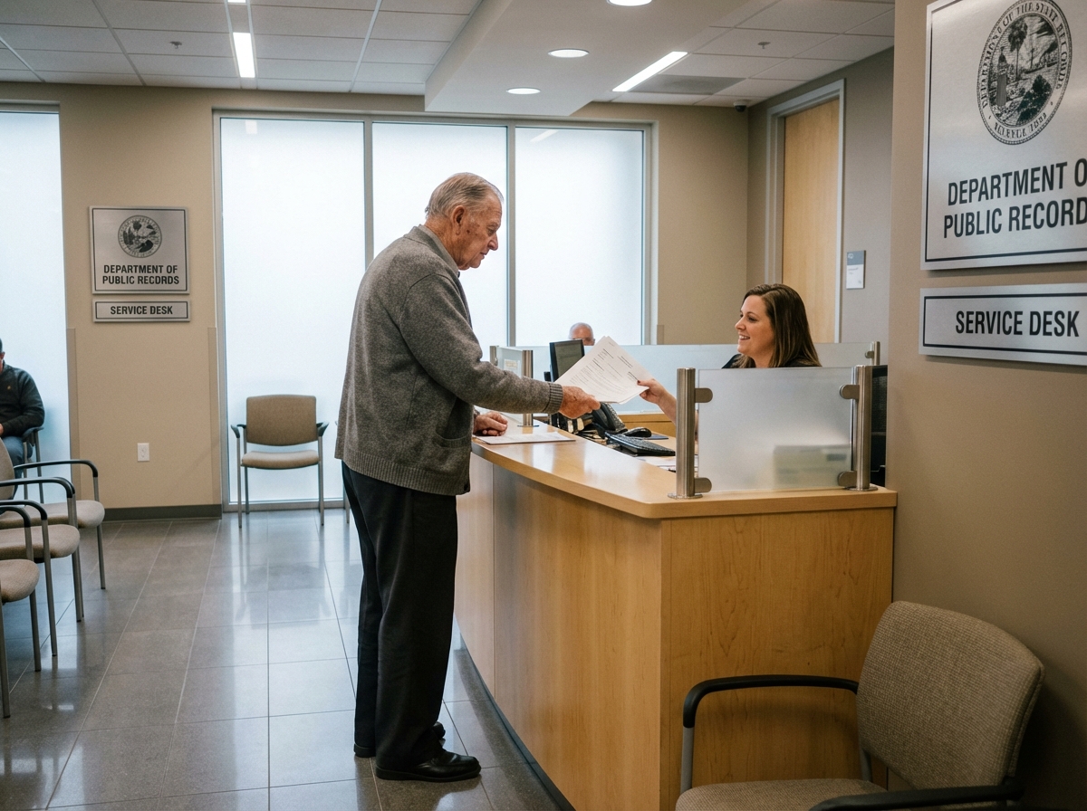 Homme âgé remettant des documents à la réception