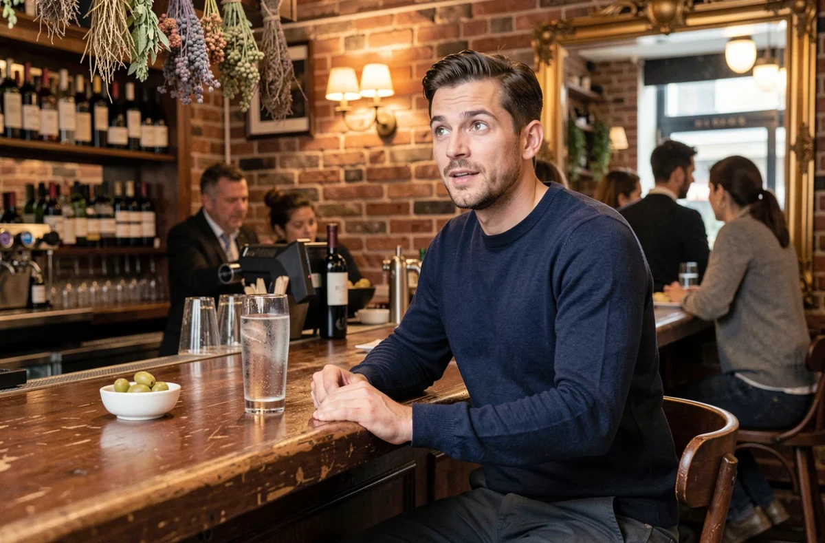 Homme seul assis au bar d'un bistrot parisien avec un verre de tonic, regard ouvert et détendu