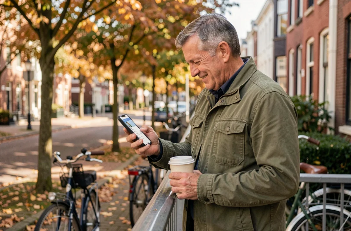 Homme proche de la retraite consultant une application de gestion des congés sur smartphone en extérieur à l'automne