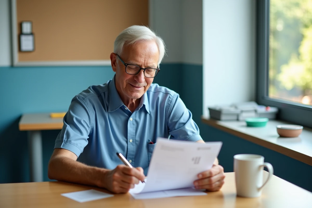 Homme âgé au travail dans une salle de pause