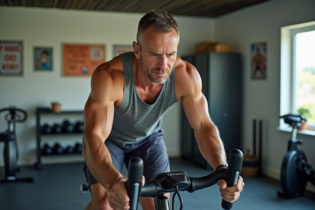Homme d age moyen pédalant sur un vélo d appartement dans une salle de sport maison