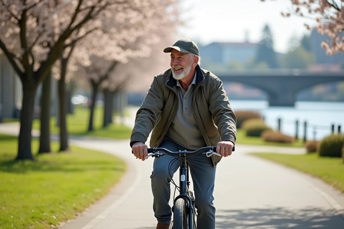 Homme âgé faisant du vélo le long d