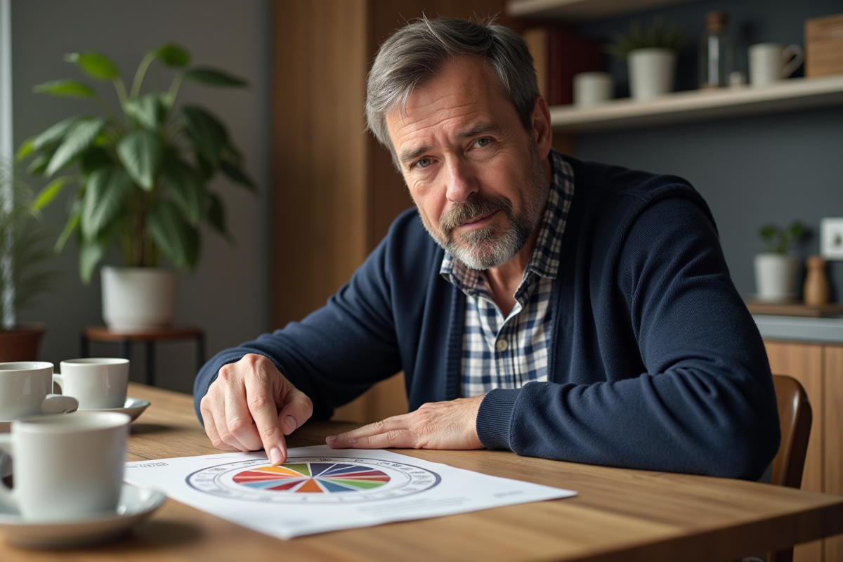 Homme contemplant un zodiaque sur une table de cuisine