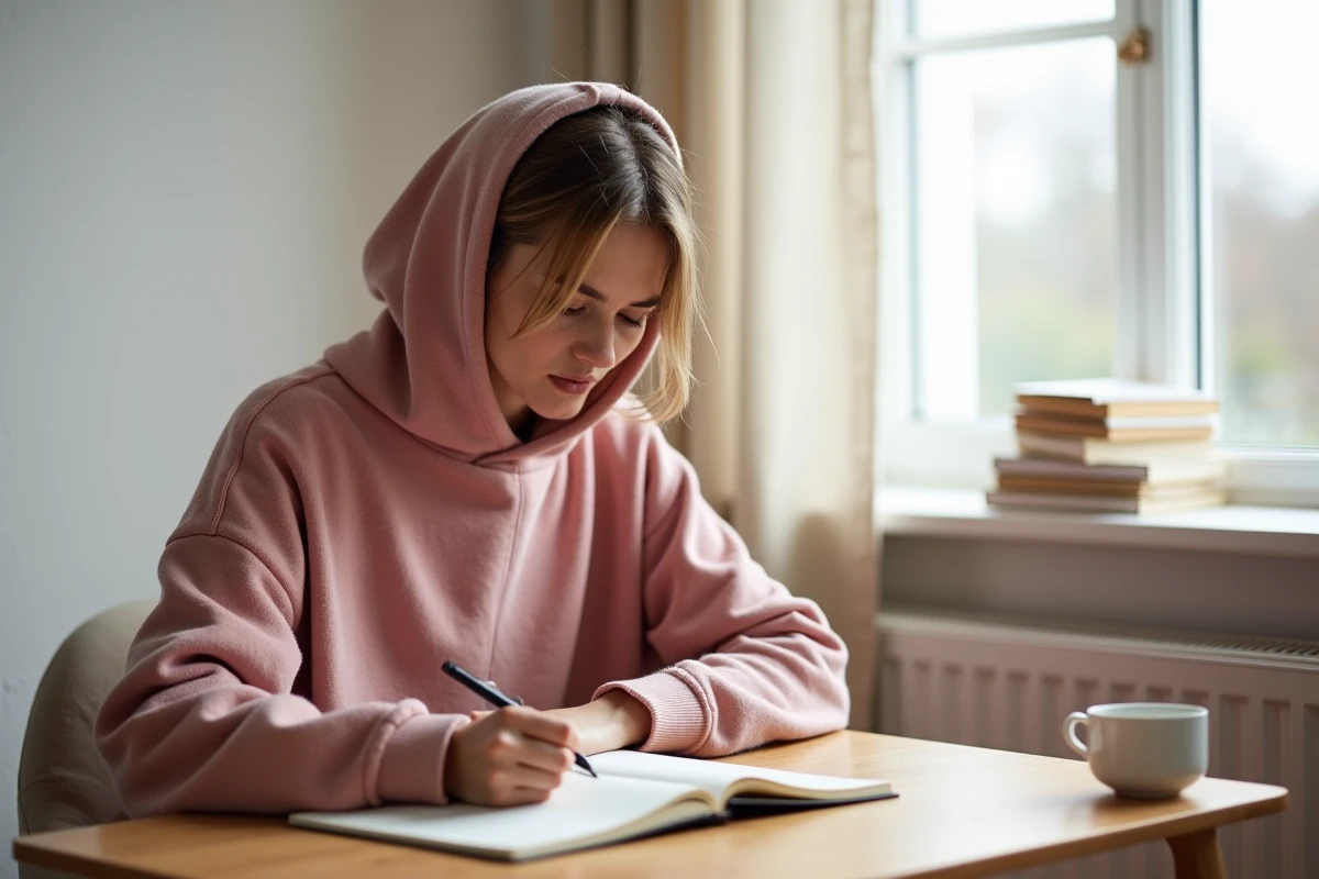 Personne adulte portant un hoodie couverture comme alternative confortable à la grenouillère dans un bureau cosy à domicile