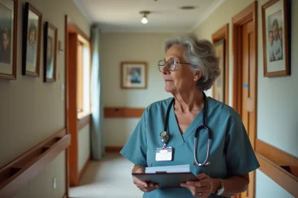 Infirmière retraitée dans un couloir calme d EHPAD