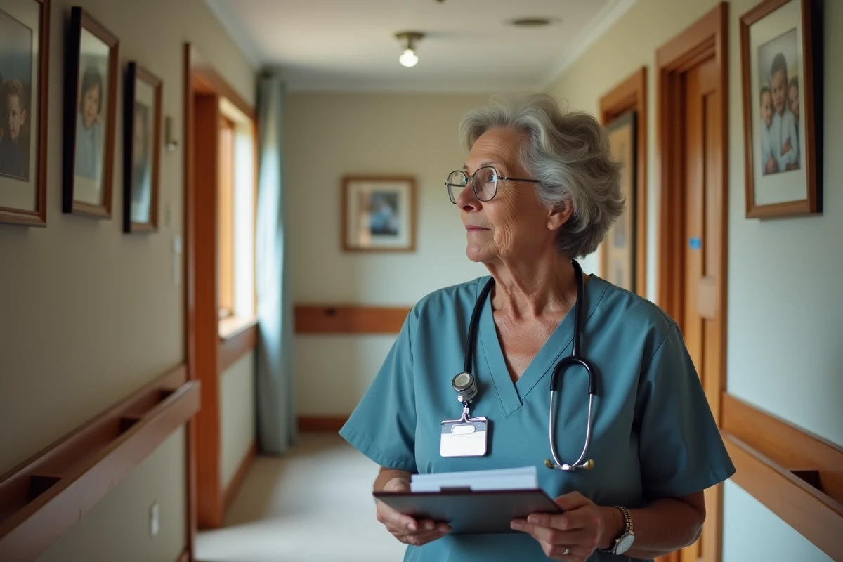 Infirmière retraitée dans un couloir calme d EHPAD