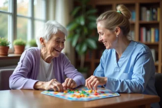 Une femme âgée et une soignante jouent ensemble à un jeu de société dans une maison de retraite