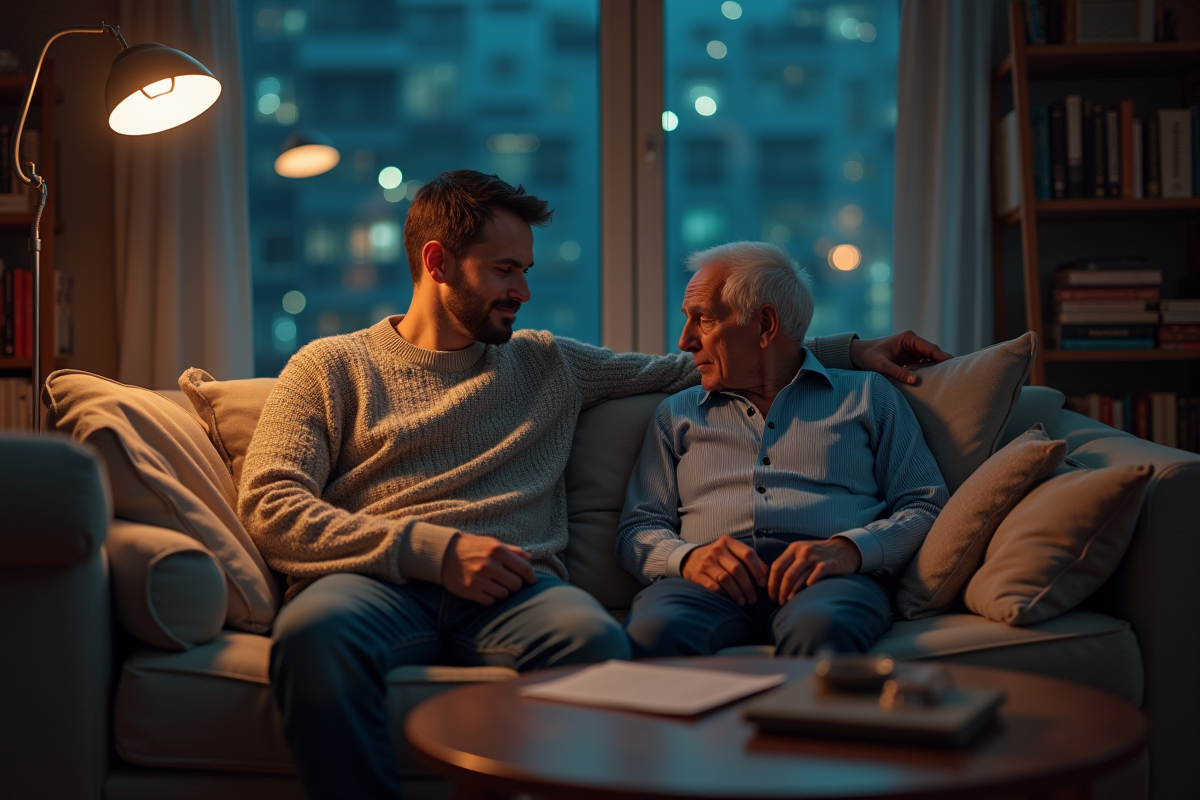 Jeune aidant assis avec un senior dans un salon la nuit