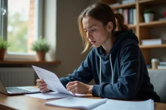 Jeune femme de moins de 25 ans consultant des documents administratifs sur l'AAH à son bureau dans un appartement modeste