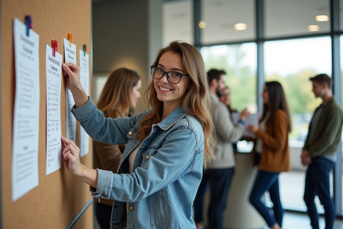 Jeune femme pinçant une affiche de statistiques dans un centre communautaire